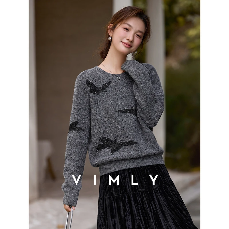 M梵希蔓灰色慵懒风蝴蝶提花圆领毛衣女冬百搭长袖针织上衣75296