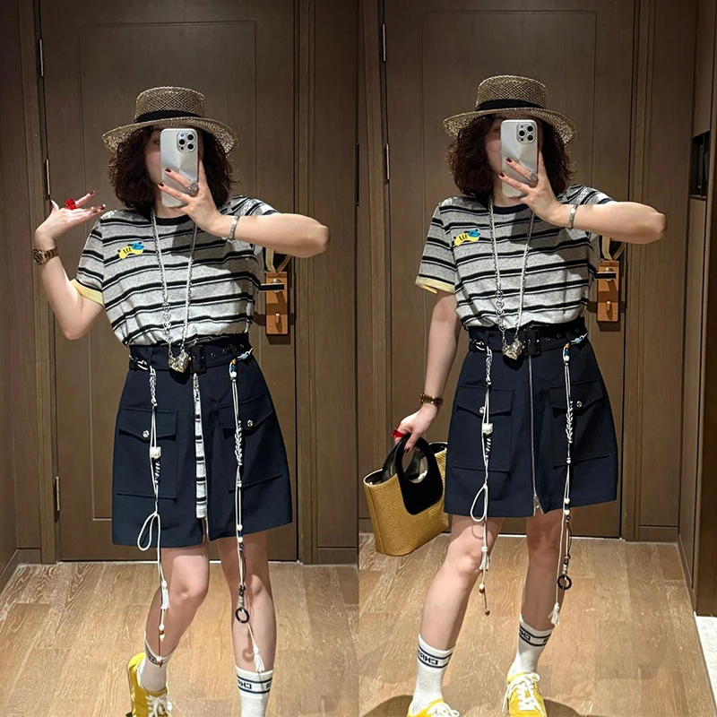 欧货条纹假两件连体半裙2025夏季新款网红款设计小众女装连衣裙女