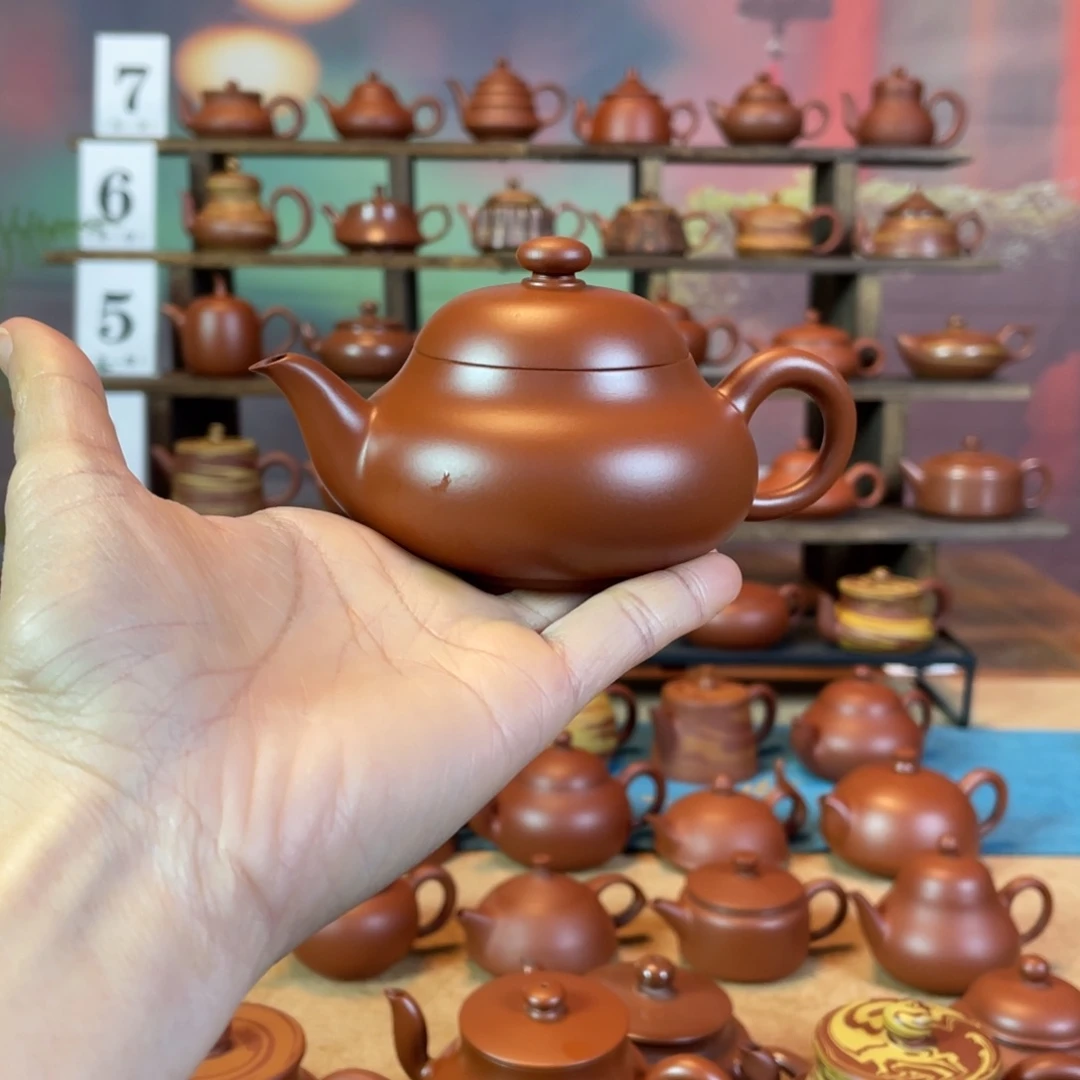 茶壶紫砂过*潮州手工手拉朱泥扁梨壶