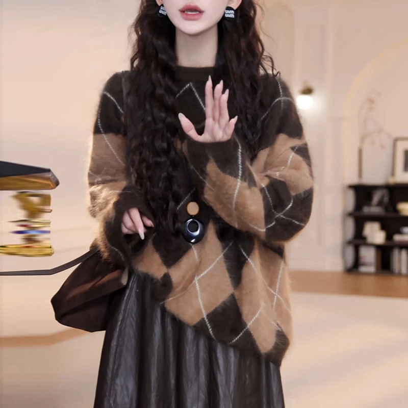 韩版复古菱格纹设计感套头毛衣女2025春秋新款宽松百搭休闲上衣