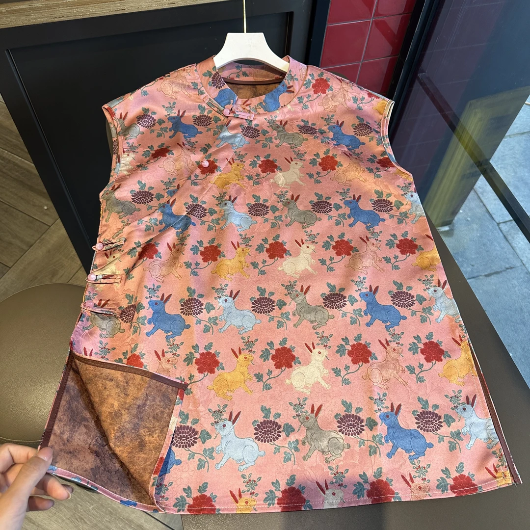 【粉色玉兔 飞飞袖奥黛】气质中式时尚显瘦立领斜襟无袖长款上衣Hh