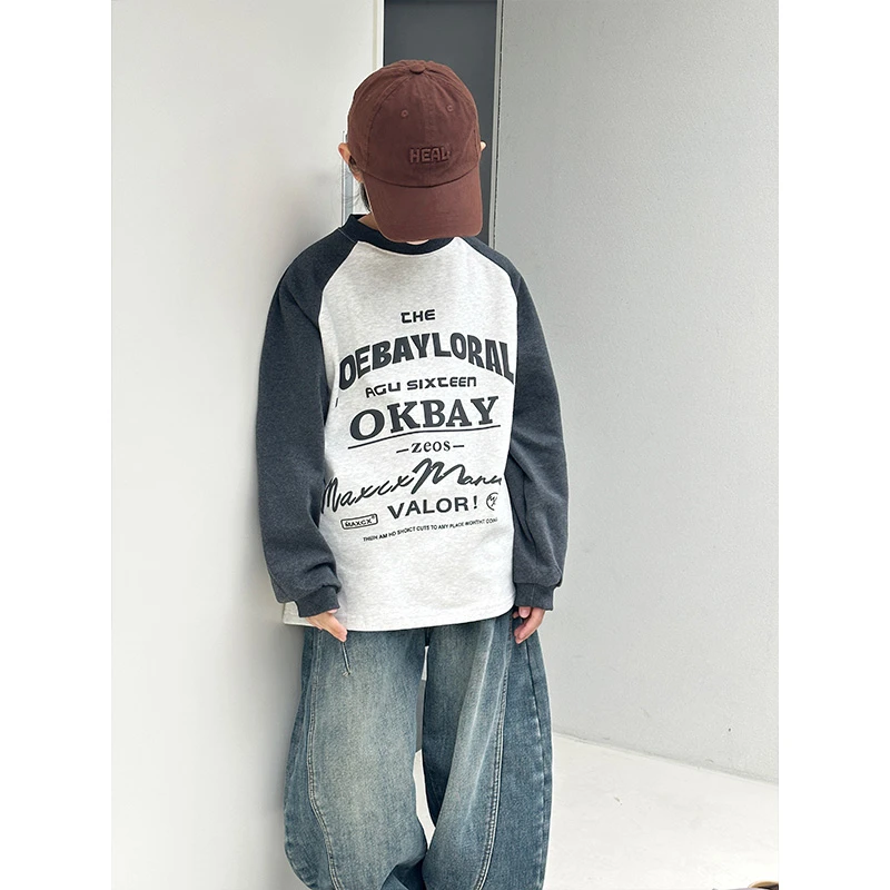 【现货】男童2025新款韩版加厚拼接卫衣儿童内搭上衣保暖插肩袖