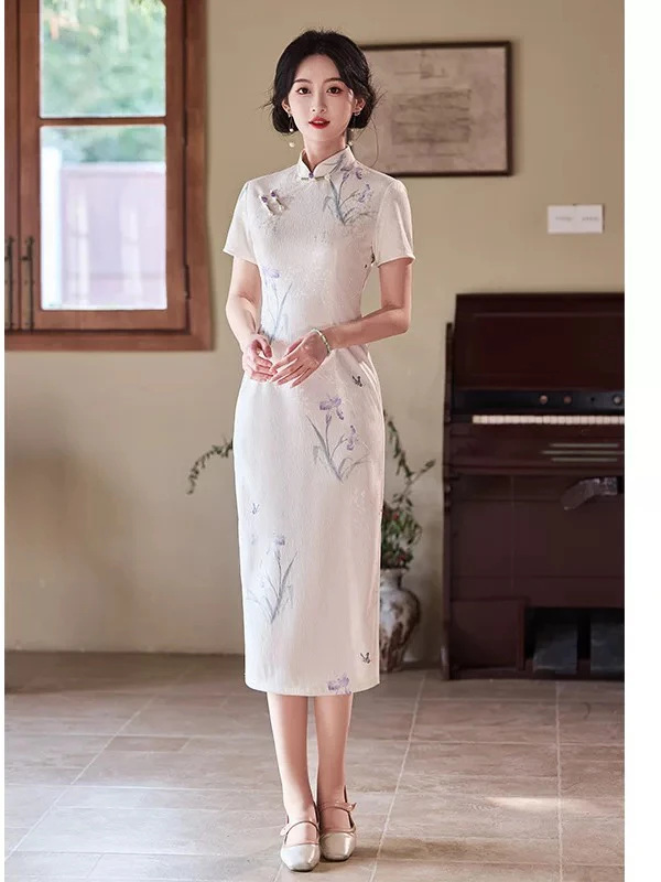 288-米白 暗纹 提花 【蝶舞】旗袍【款式  颜色 以直播间为主】