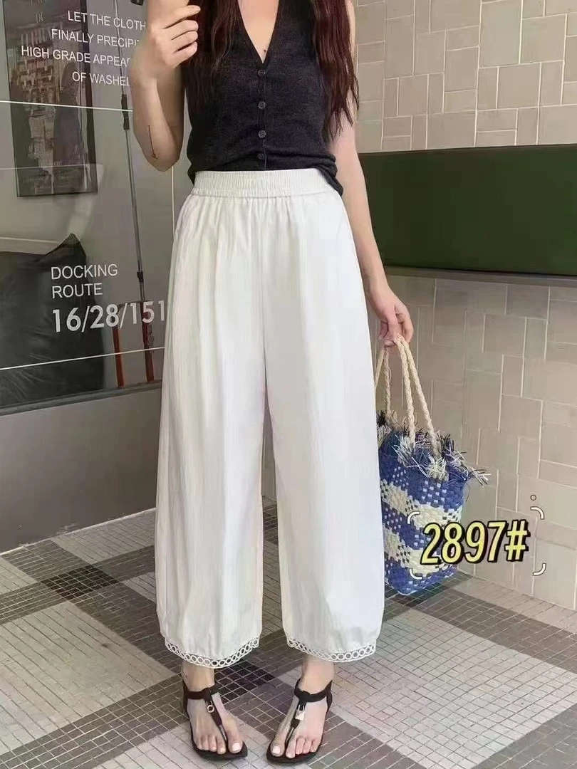 夏季新款九分阔腿裤大脚直筒灯笼哈伦裤子宽松高腰拼接蕾丝边