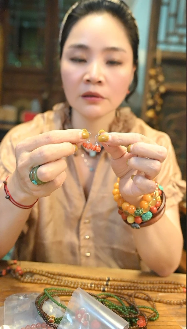 925银珐琅耳饰 茶-六朵桂花耳挂