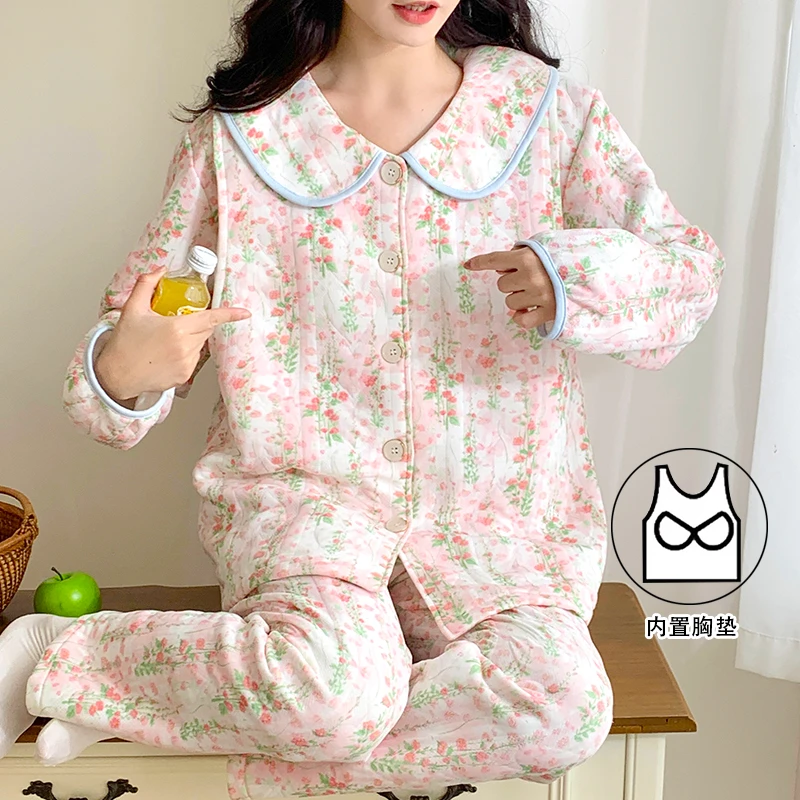 【秋冬-空气棉】月子服秋季产后纯棉夹层睡衣女哺乳喂奶孕妇家居服