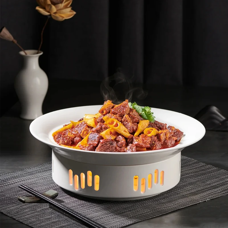 陶瓷加热餐具特色创意农家乐中厨热菜汤盘子餐厅明炉圆形底座餐盘
