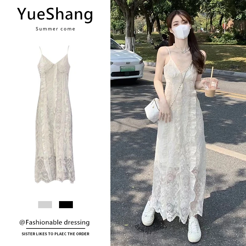 2026春季新款法式气质荷叶边V领吊带连衣裙百搭温柔高级感收腰裙