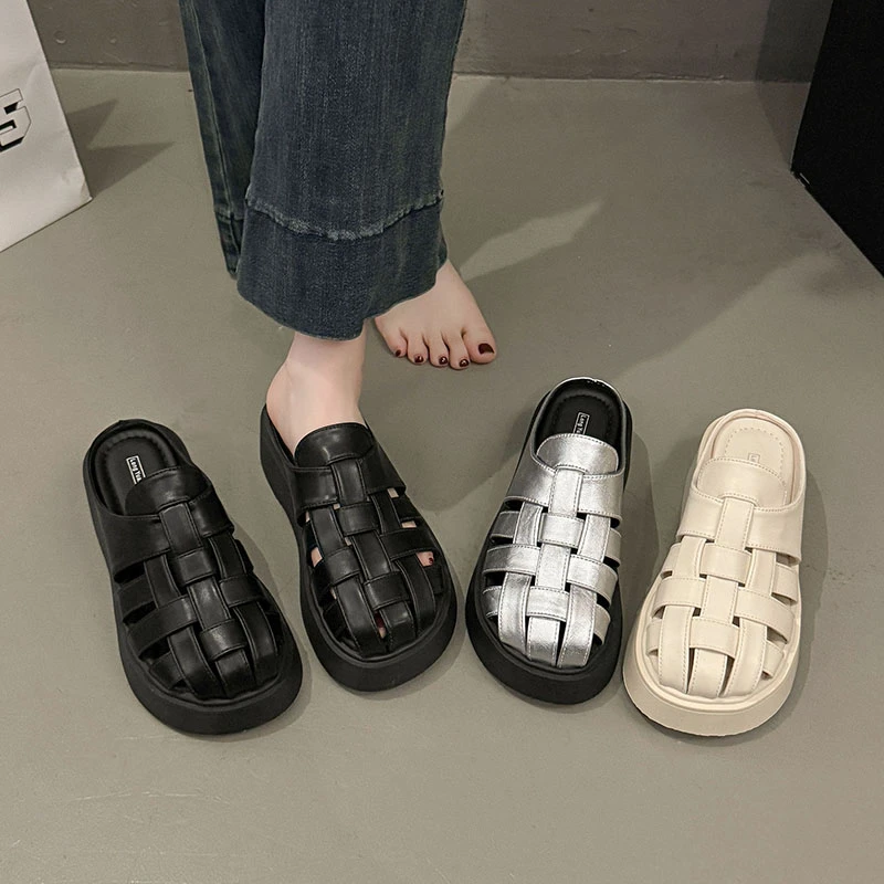 厚底编织包头半拖鞋女2025夏季新款外穿松糕底增高凉拖时尚高级感