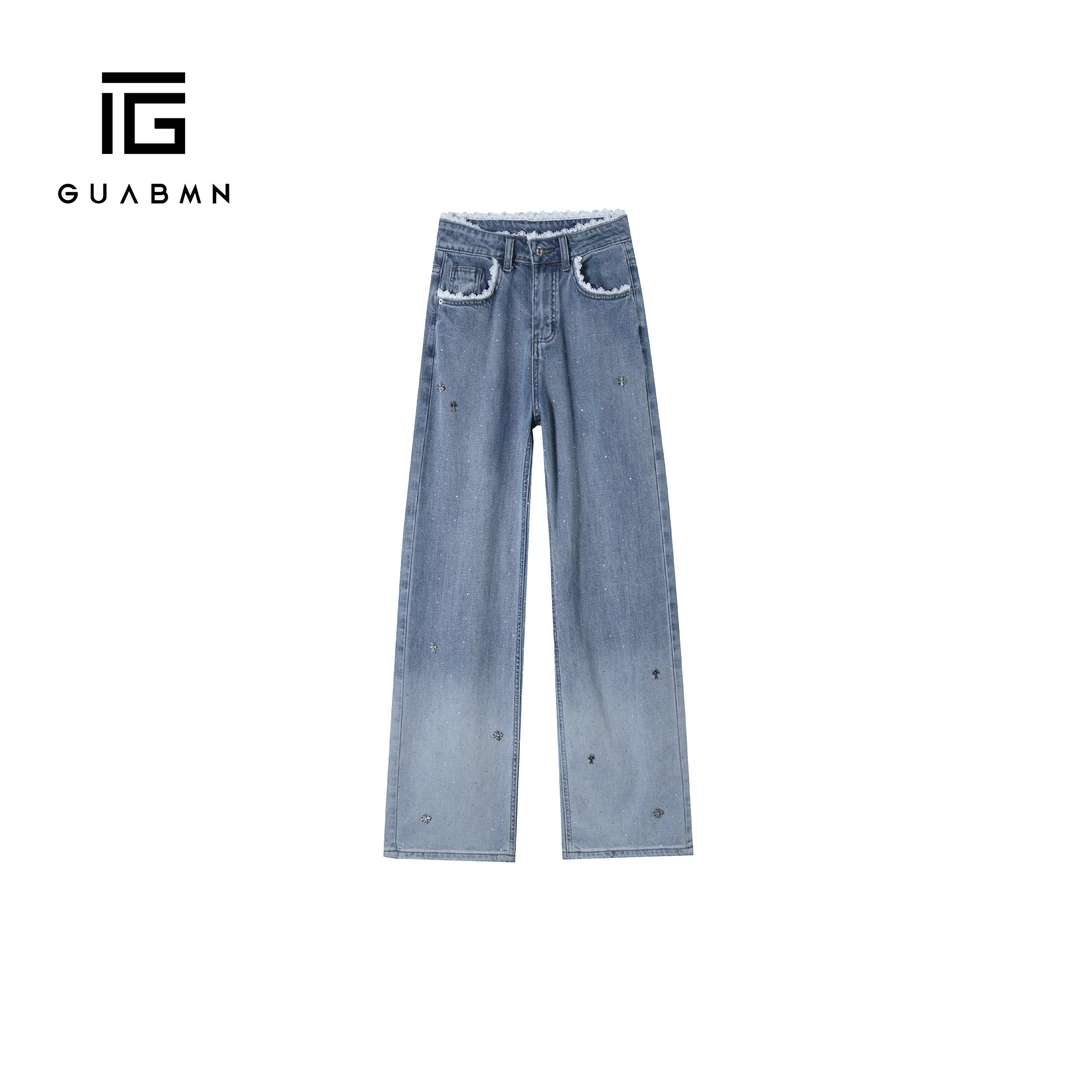 GUABMN2025夏季新款做旧烫钻蕾丝边高腰直筒牛仔裤3959