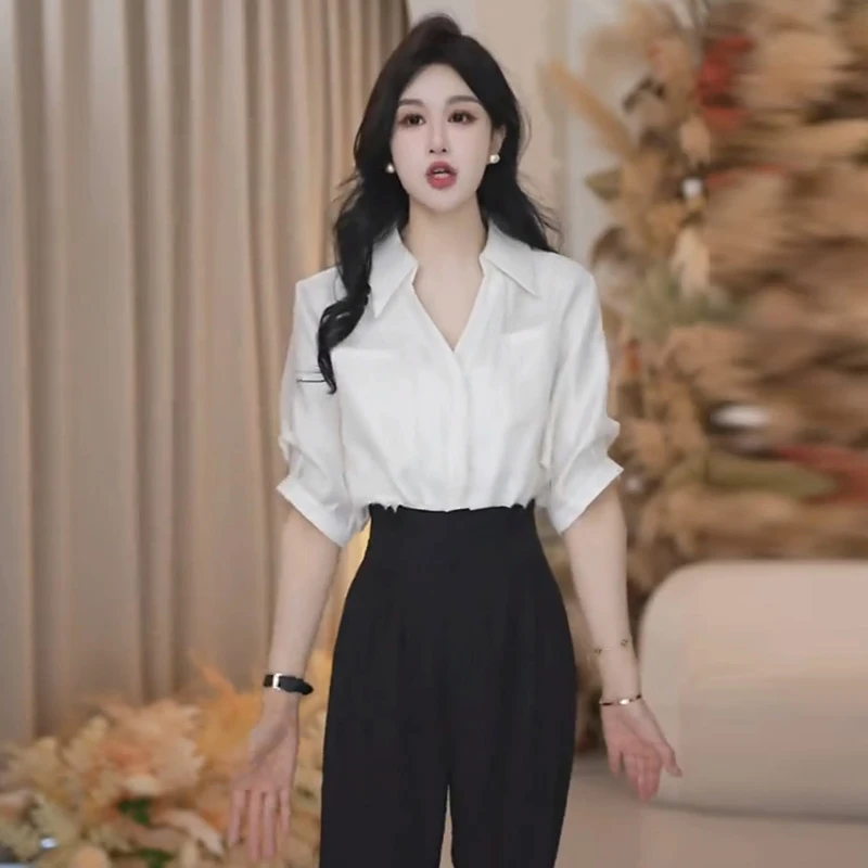 时尚轻奢风高级感白色POLO衬衫女夏短袖休闲衬衣宽松显瘦洋气上衣