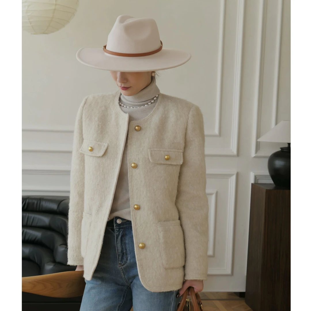 JX【半岛情书】秋冬新款编织气质显瘦通勤时尚小香风羽绒外套