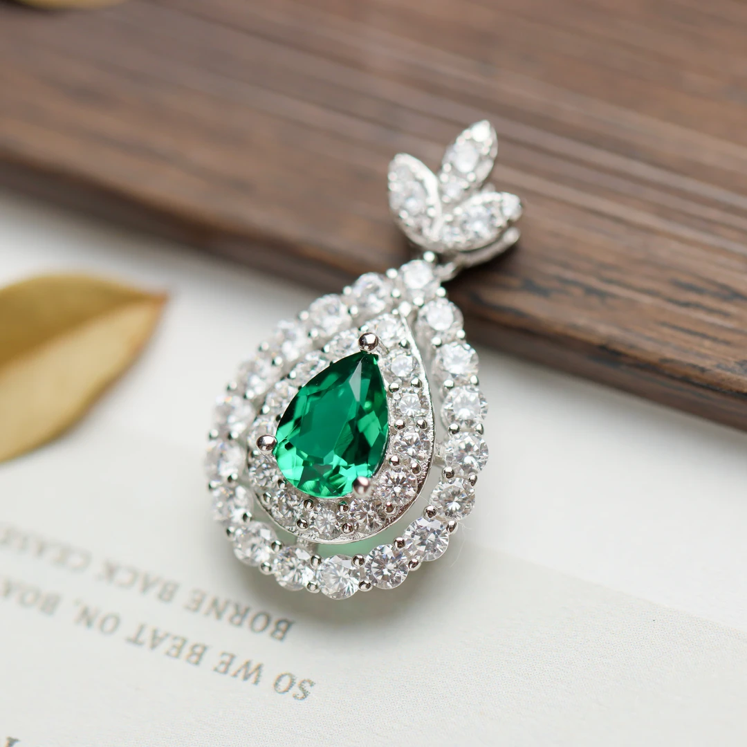 培育祖母绿合成/培育 祖母绿S925银镶嵌水滴百搭女款吊坠 不含链