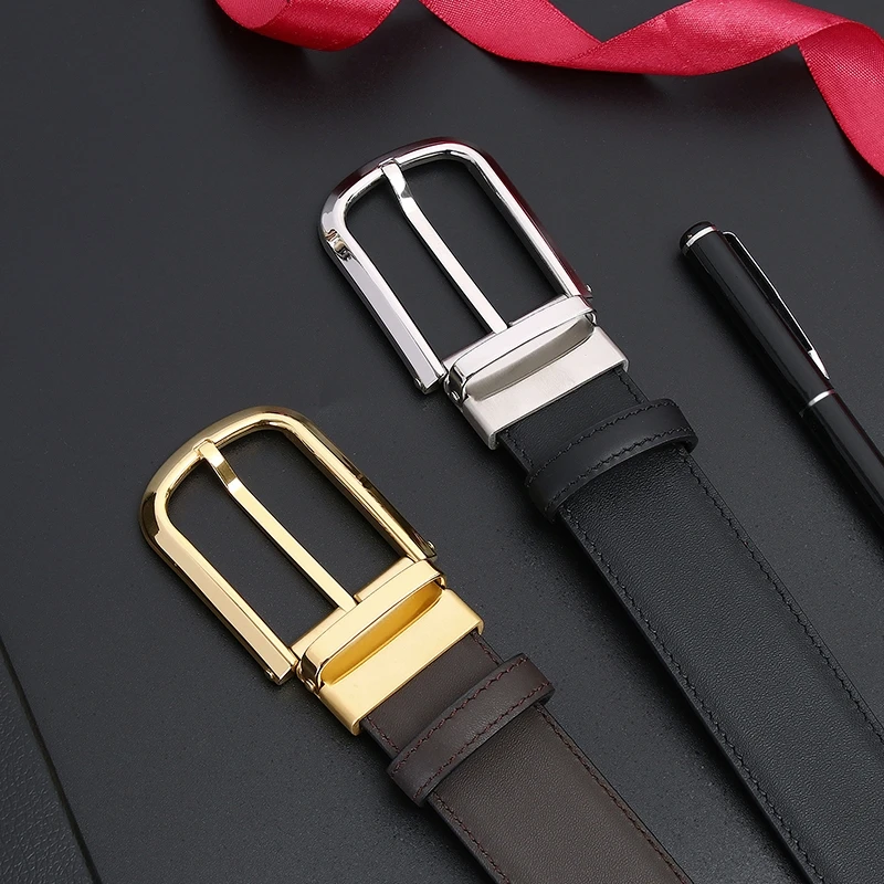 新款针扣头层双面牛皮纯钢扣百搭简约高档韩版休闲皮带