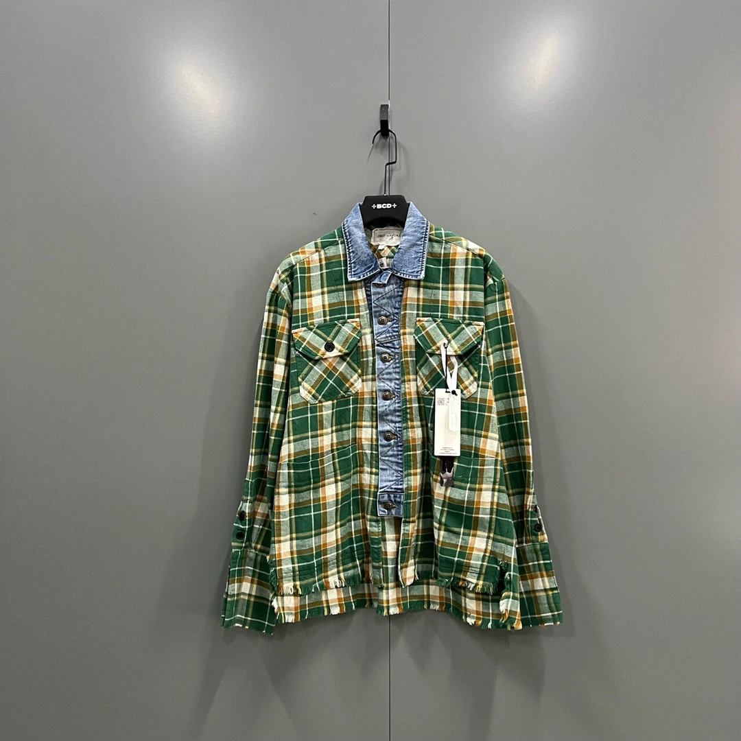 95新 maje a1 GREG LAUREN绿色格纹拼接衬衫2码 3码011447