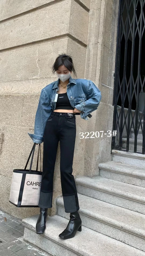 32207-3黑色咩咩绒烟管高品质高弹小直筒裤韩版百搭直筒高腰时尚