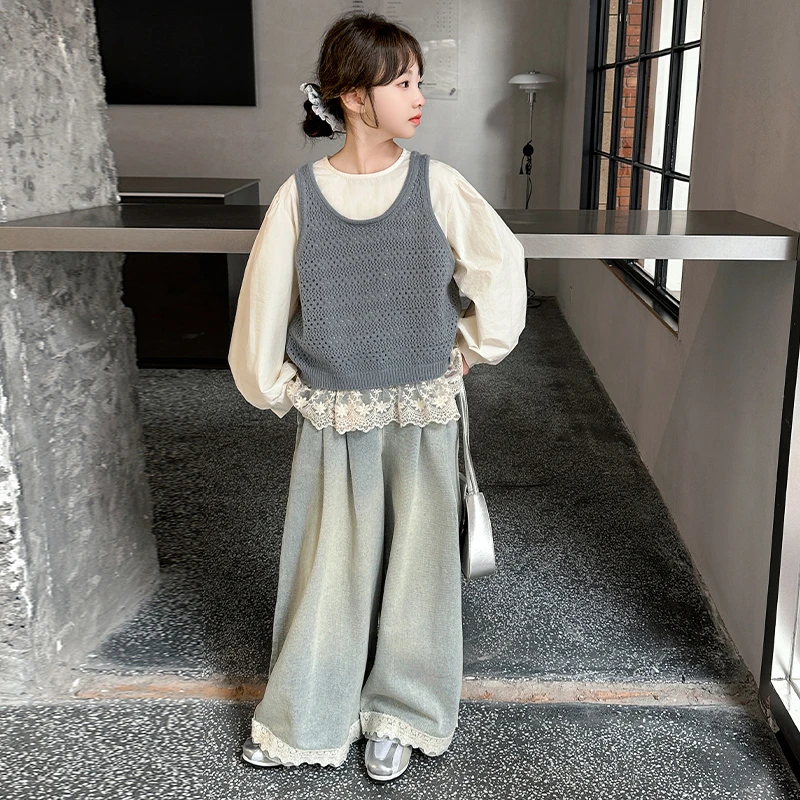 女童春装套装2025新款森系洋气女大童针织马甲初中生春秋款三件套