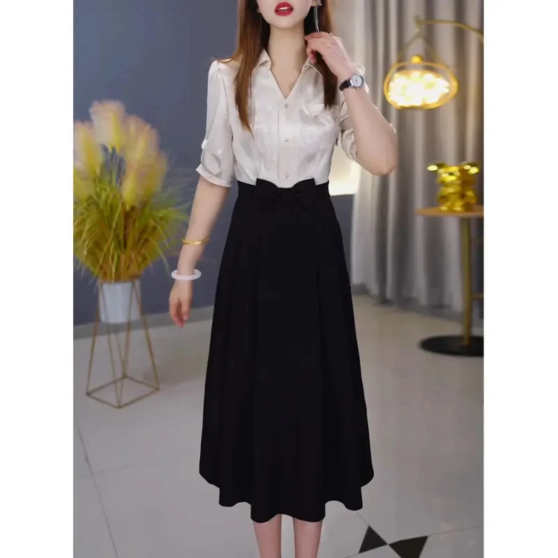 今年流行爆款假两件连衣裙女2025早秋新款妈妈气质五分袖显瘦裙子