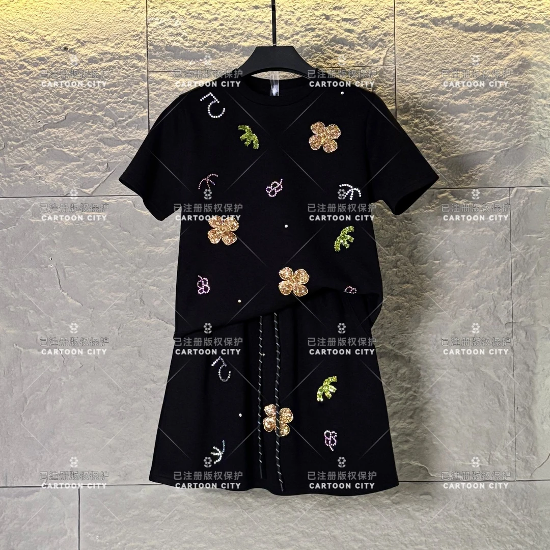 编码09 WMA-A201丨<珠花水钻>宽松版夏季T恤短裙休闲套装