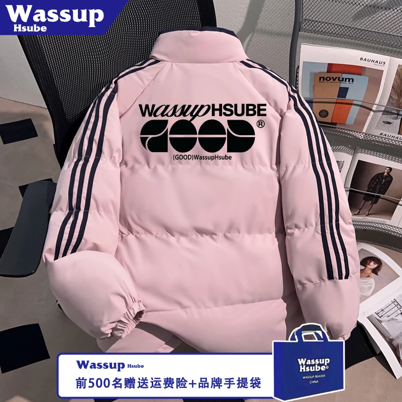 WASSUP HSUBE秋冬加绒加厚三条杠粉色潮酷印花防风棉服男款外套