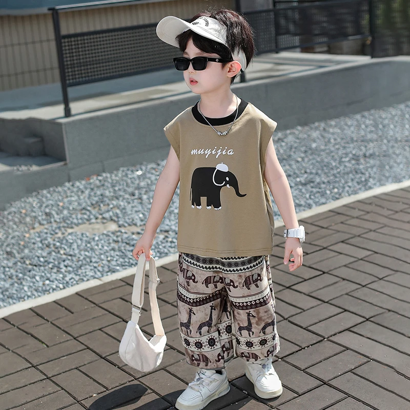 男童夏装无袖背心套装2025新款男宝宝炸街夏季防蚊裤儿童痞帅衣服