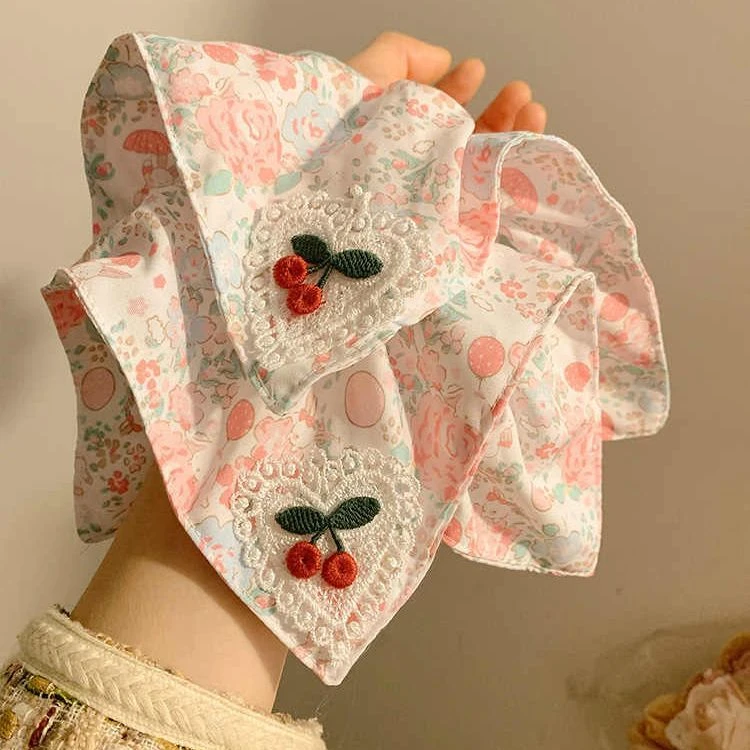 可爱粉色樱桃碎花方巾大肠发圈女头绳韩系大号扎头发2025新款发饰