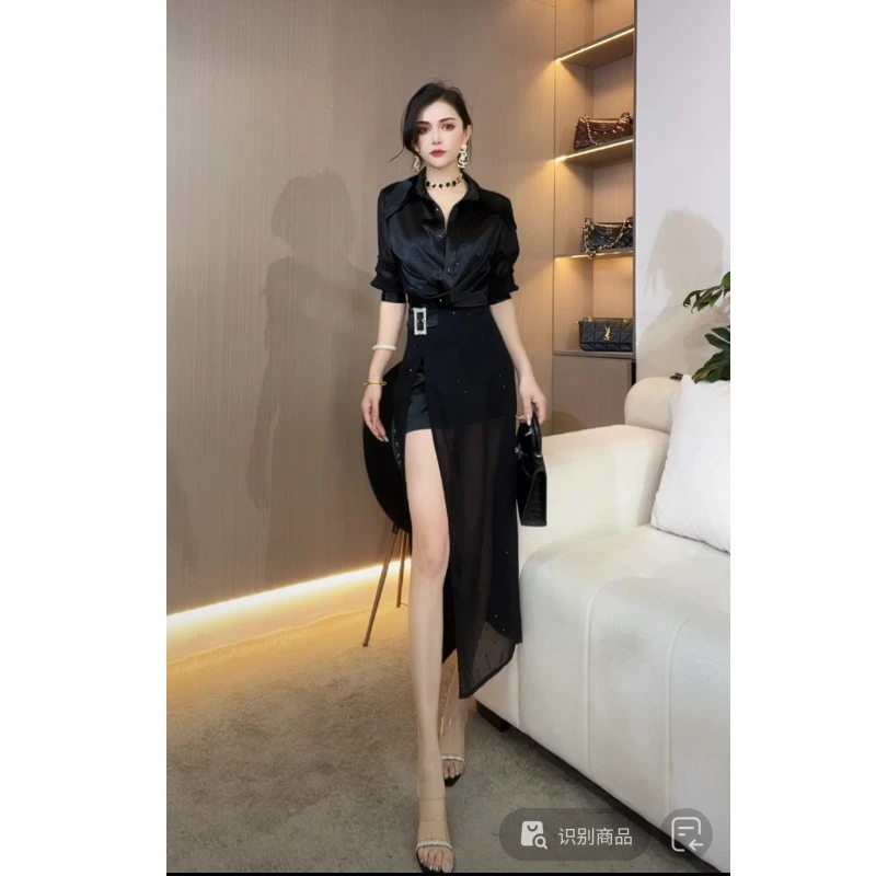 【YING FASHION】莹老板-时尚气质百搭醋酸衬衫半裙套装8020258 824