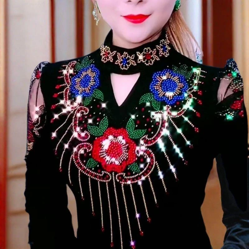 重工烫钻T恤打底衫一体绒女装双面德绒上衣显瘦气质蕾丝长袖T恤衫