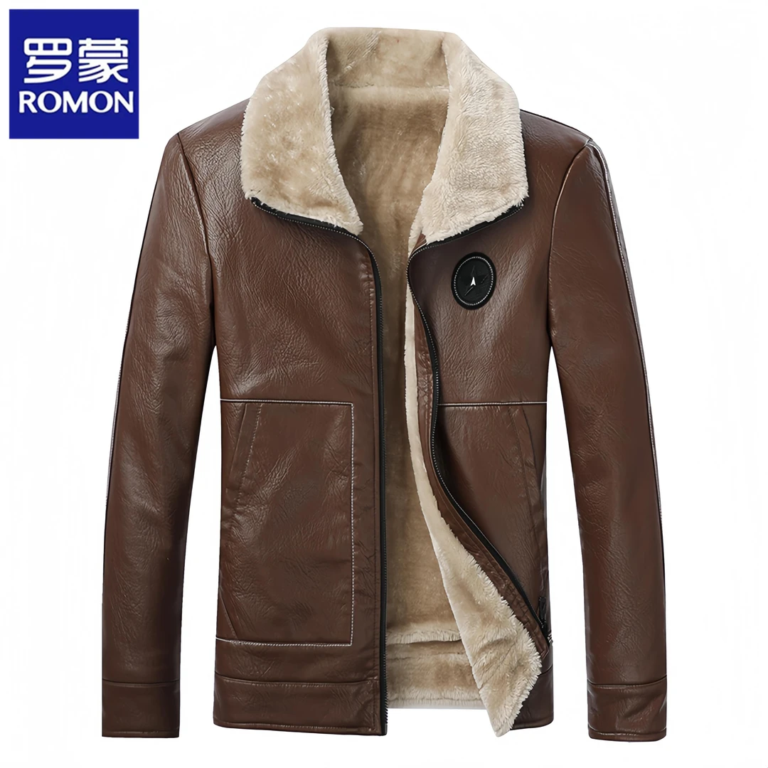 Romon/罗蒙皮衣男新款加厚夹克机车服翻领大码秋冬装帅气休闲外套