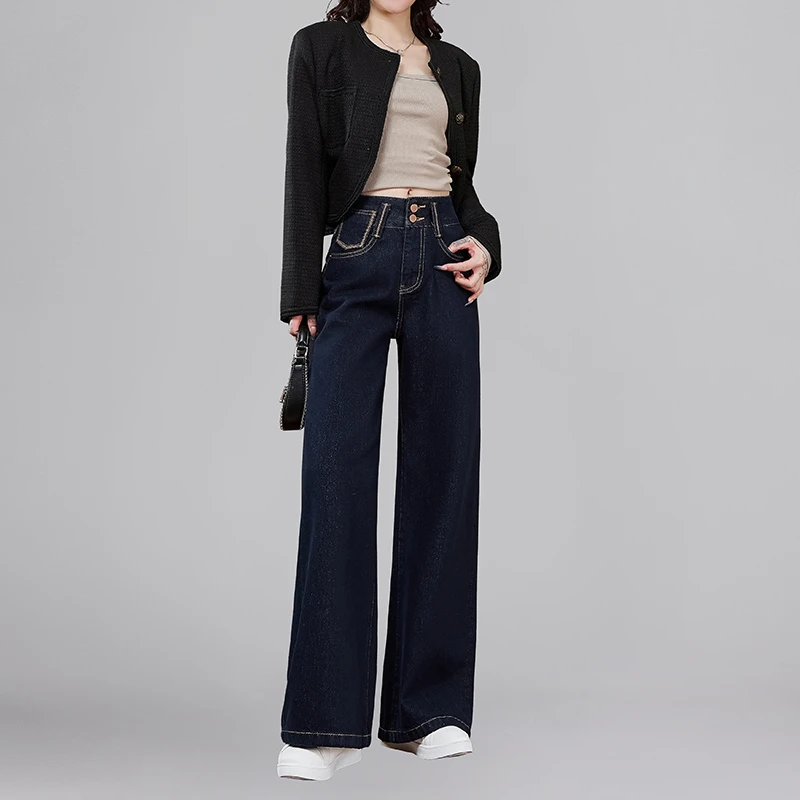 春夏原创阔腿牛仔裤高腰垂感高街刺绣款百搭设计显瘦丹宁蓝阔腿裤