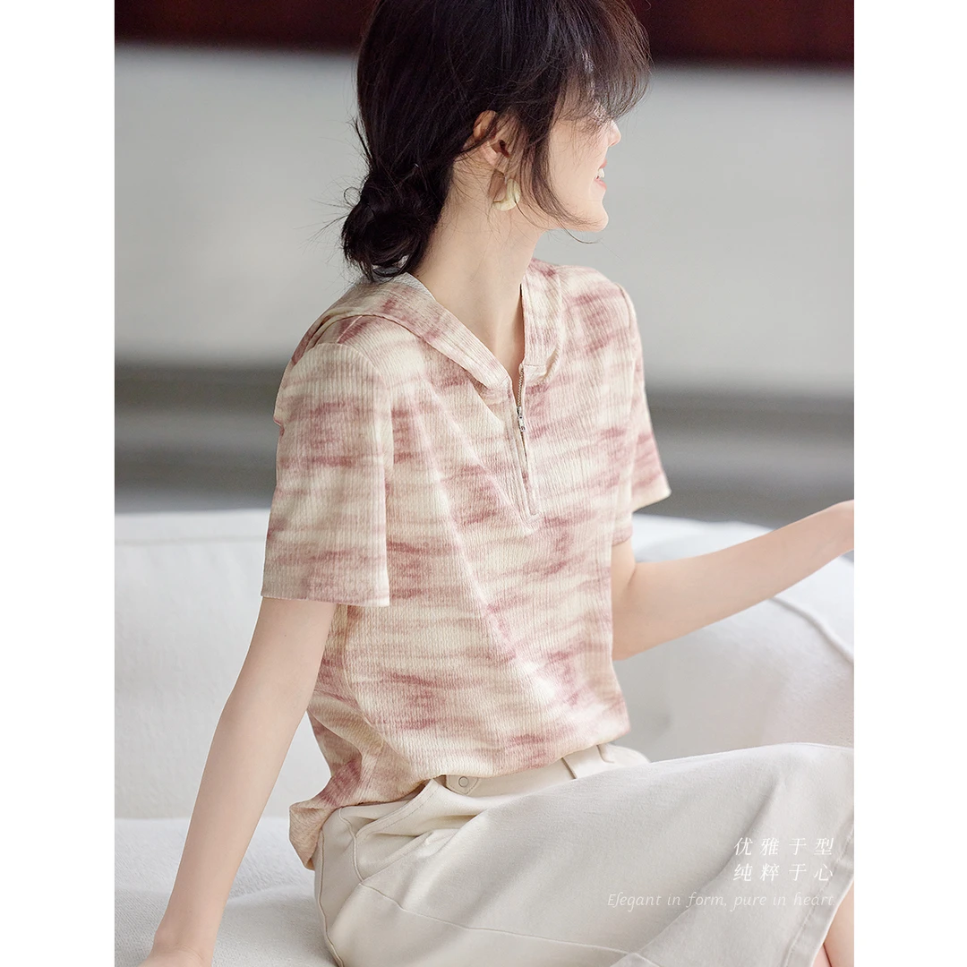 XWI/欣未优雅晕染粉连帽T恤2025夏季活泼少女拉链连帽短袖5306