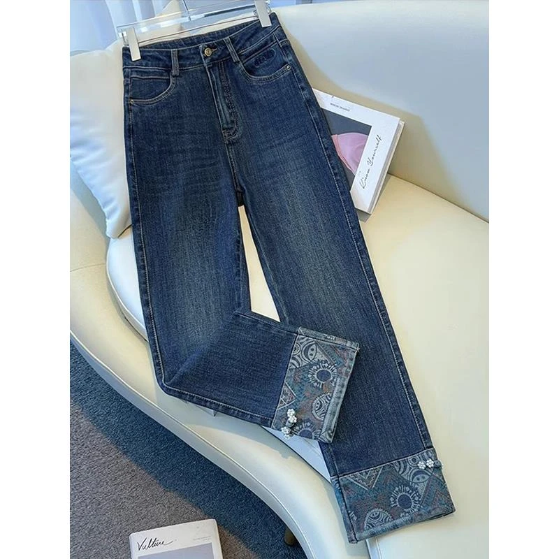 拉夏贝尔烟管裤女2025夏季新款高腰翻边拼接九分牛仔裤子百搭