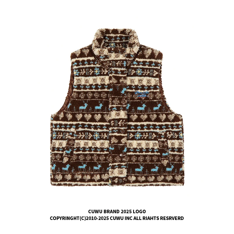 cuwu费尔岛花纹羊羔绒立领棉服马甲外套女男冬季叠穿短款背心棉衣