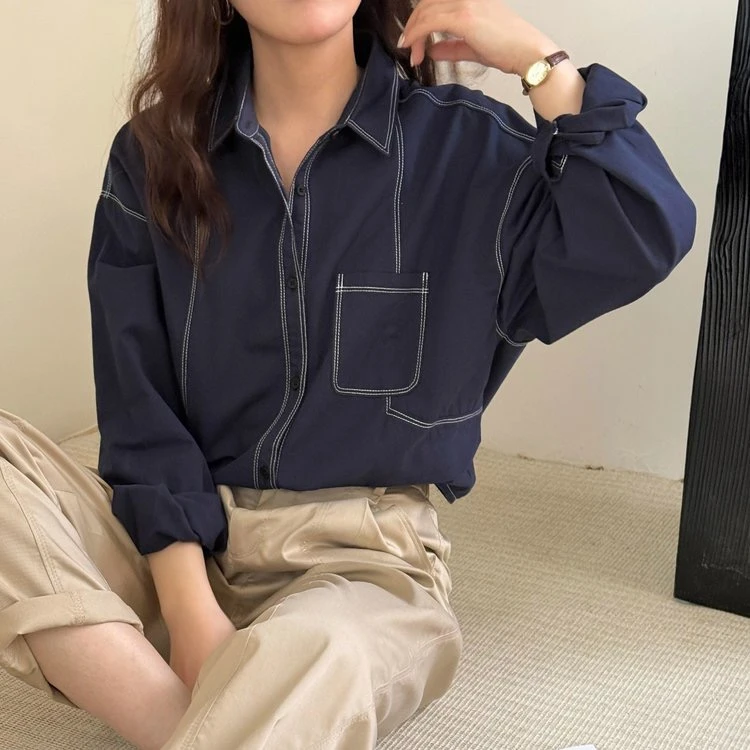 韩系时尚复古纯色牛仔衬衫休闲长袖春秋