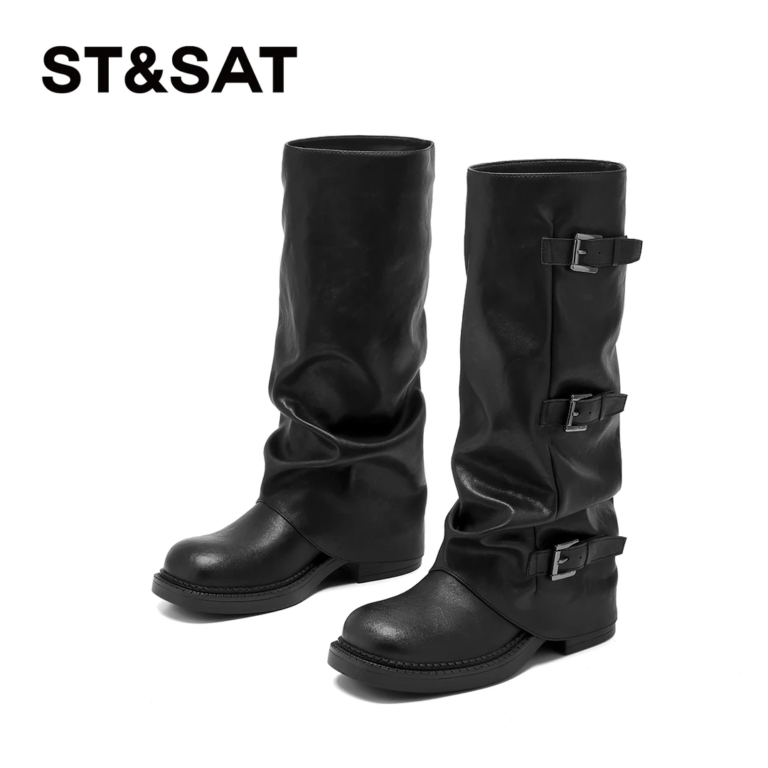 星期六2025新款女性时髦怀旧厚底增高中筒西部牛仔靴裤款式皮带扣