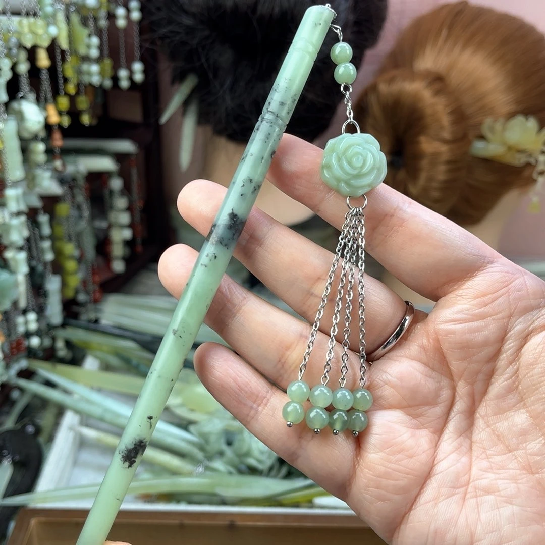 蛇纹石玉发饰未镶嵌长度19.5厘米左右