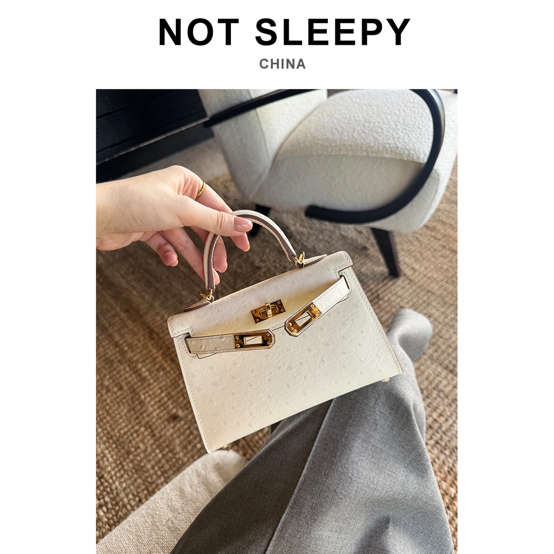 racechoice“头层牛皮压鸵鸟纹”19cm迷你二代凯莉包女单肩斜挎包