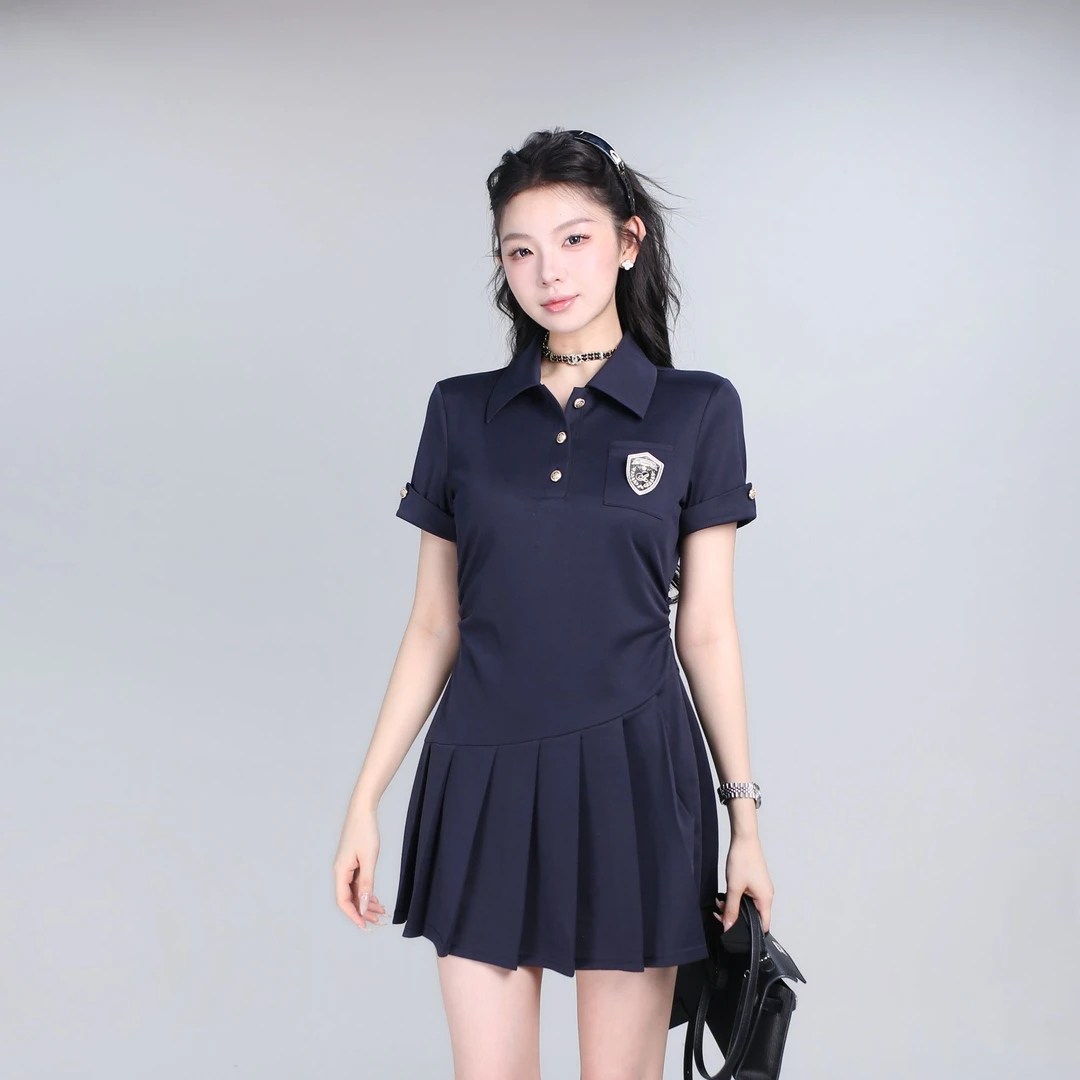 【可甜可御】夏季简约纯色设计款拉链翻领小飞袖百搭显瘦女连衣裙