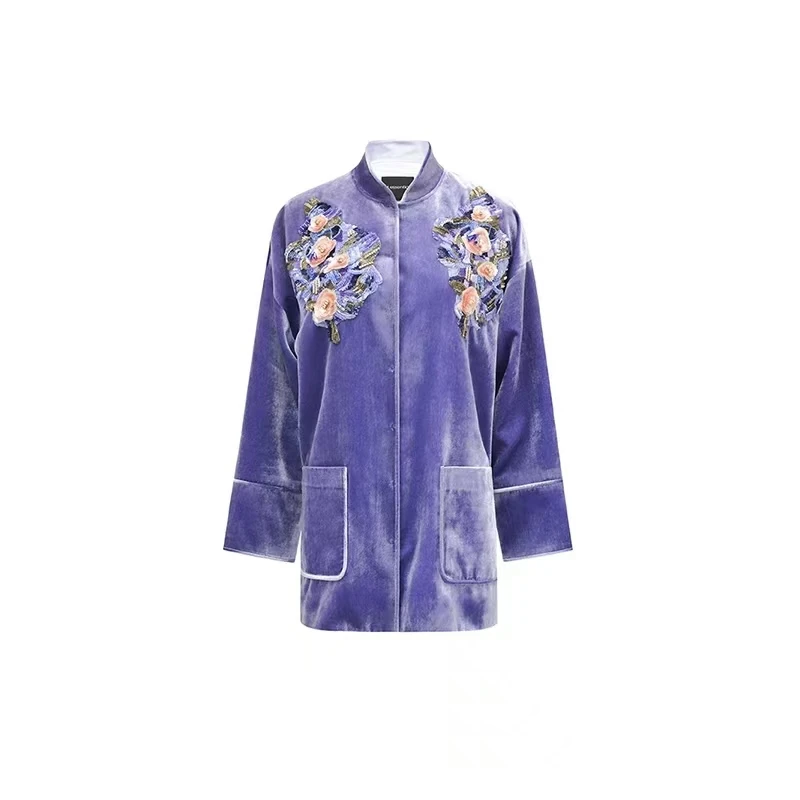 M essential 设计师品牌 紫苑丝绒 工坊花束密绣 立领外套