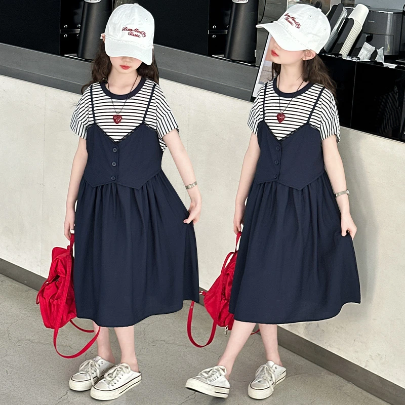 女童2025夏季新款条纹假两件连衣裙洋气事实上休闲中大童韩版女孩