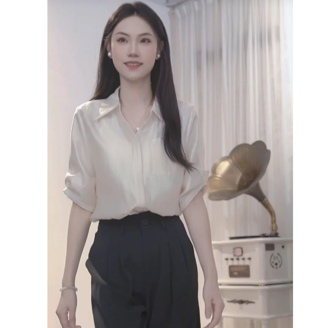 TM通用甜美休闲风短袖通勤V领衬衫宽松气质法式夏季007