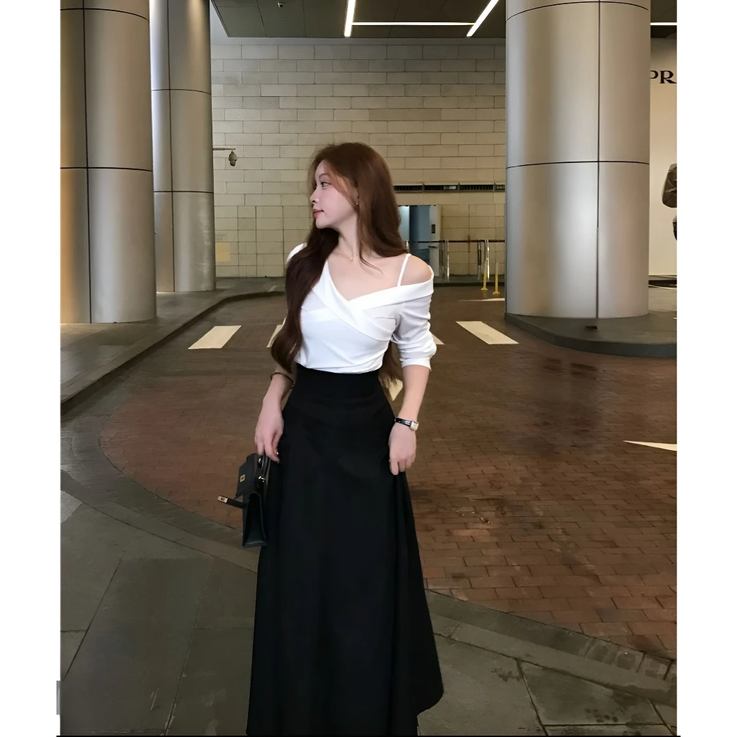 SZA许妍第一集秋季新款韩系气质修身露肩吊带长袖衬衫 1026NO