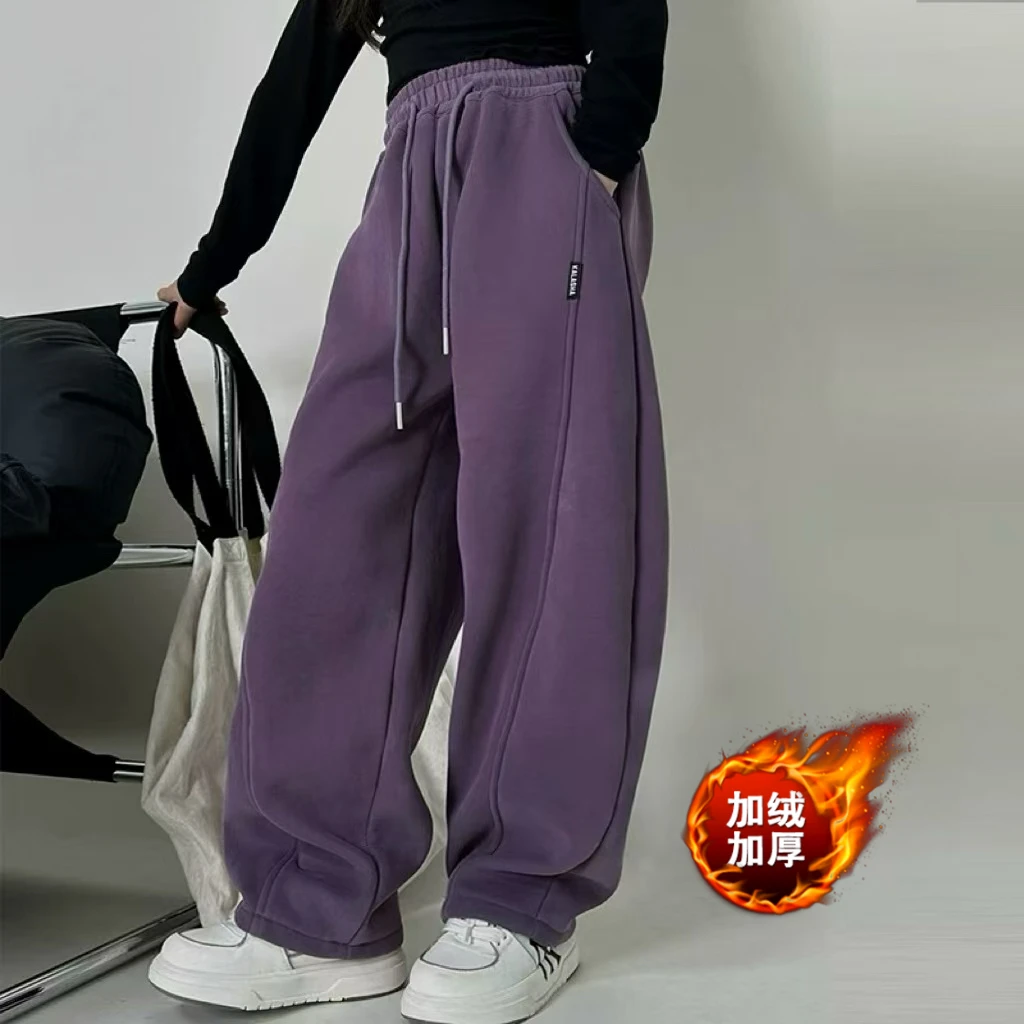 2024冬款年货女童弯刀裤卫裤香蕉裤直筒阔腿加绒裤子潮加厚