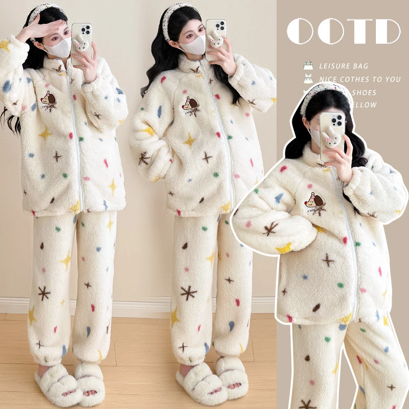 孕妇秋冬装2025新款时尚加绒加厚睡衣可外穿舒适保暖家居服两件套