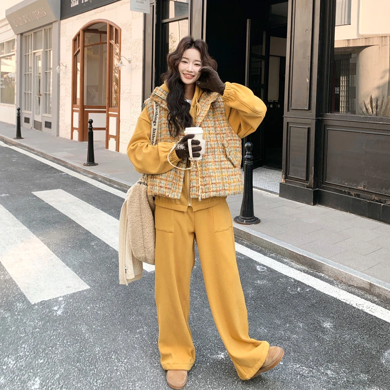 小香风夹棉马甲卫衣休闲裤2025冬季新款小众韩版慵懒ins风三件套