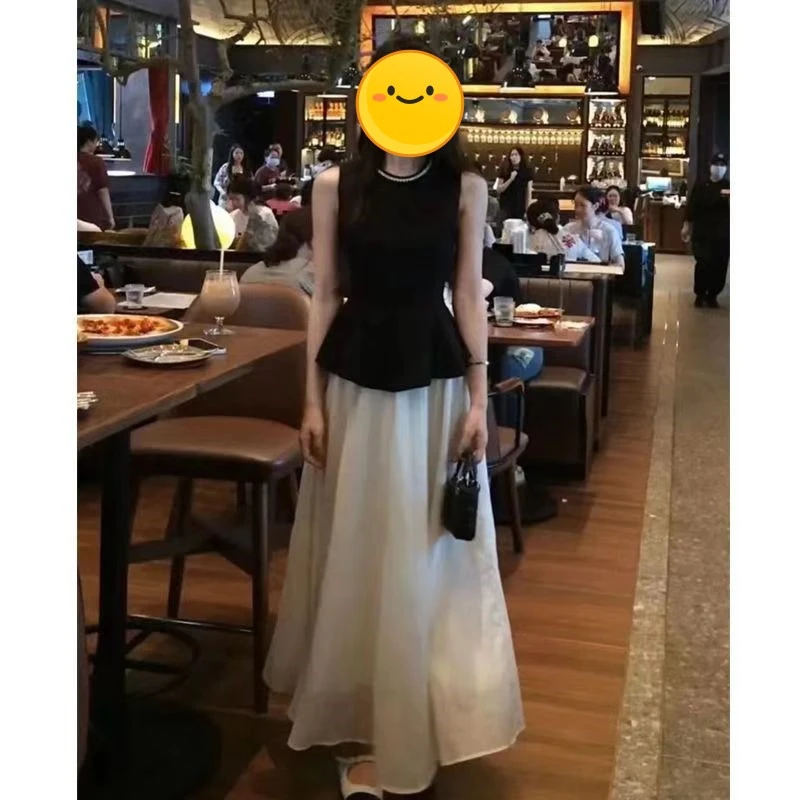 342#[阿芝专属]赫本风气质钉珠上衣搭杏色纱裙小香风两件套11215