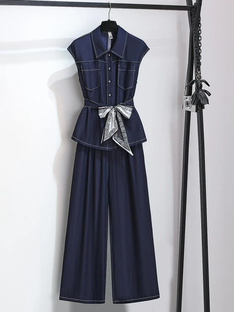 藏蓝无袖衬衫马甲收腰显瘦阔腿裤子女2025夏季新款超火两件套装X