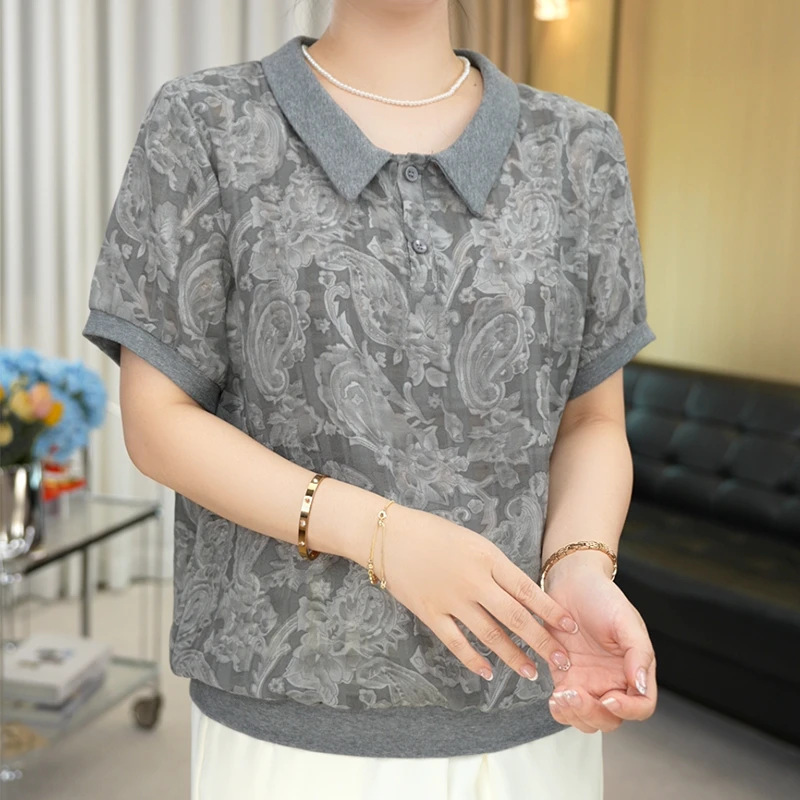 2025夏季新款时尚减龄翻领透气宽松显瘦短袖上衣