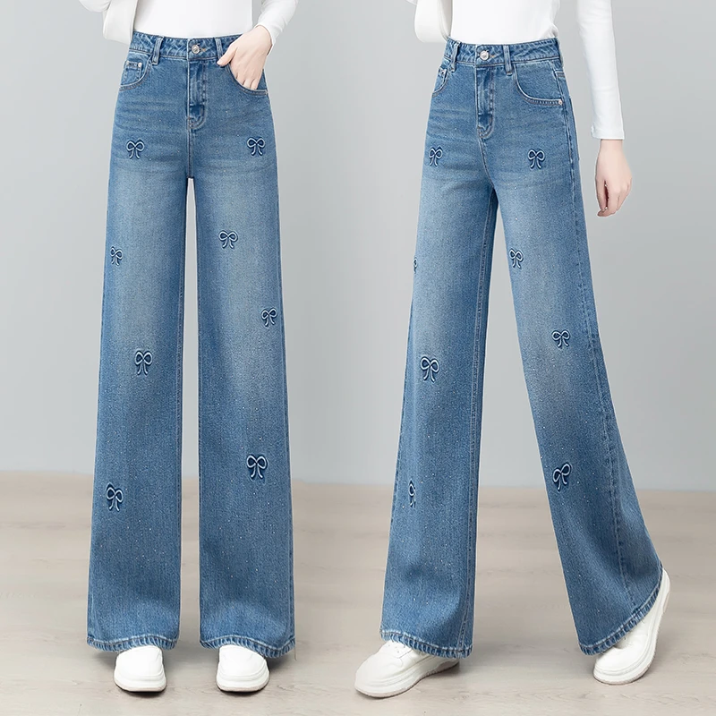 25009轻奢风窄版阔脚牛仔裤女2025年春季新款重工刺绣直筒拖地裤