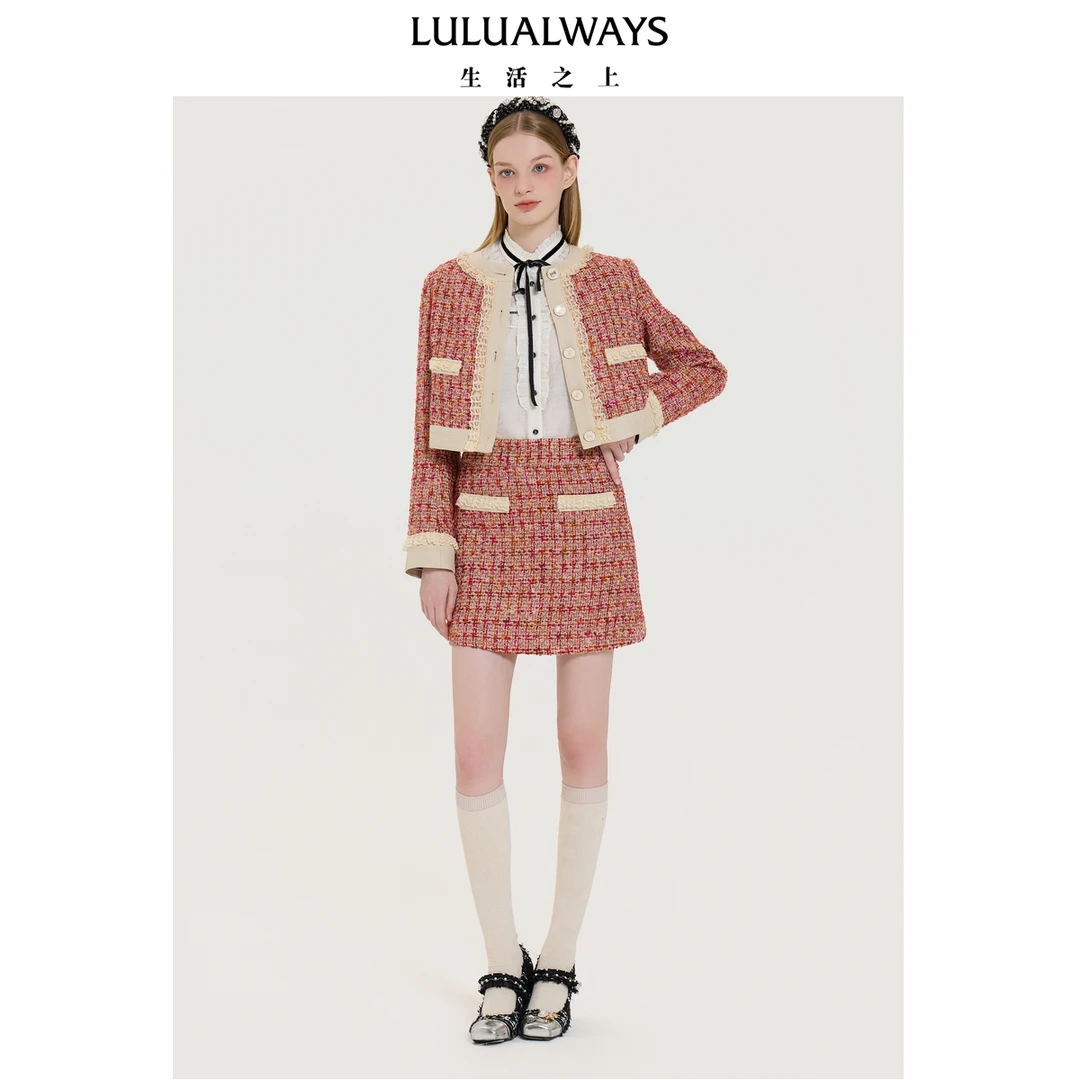 LULUALWAYS我爱露露25春季新款法式时尚简约蕾丝拼接小香风短外套